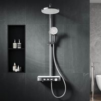 SONNI Duschsystem mit Thermostat (KTW/WRAS) Chrom - Kindersicherung, Französisches Ventil, 360° Drehbarer Runder Kopfbrause (1 Strahlart), Handbrause (3 Strahlarten), Brausestange aus Runde, 38°C, ABS von SONNI