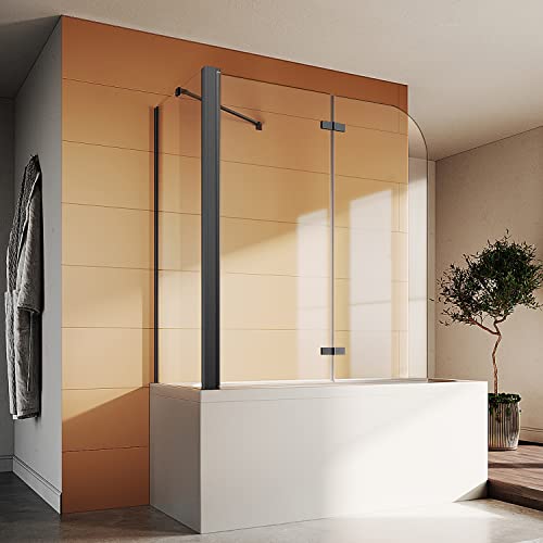 SONNI Duschwand für Badewanne Schwarz mit Seitenwand NANO-GLAS Badewannenaufsatz 2-teilig faltbar 120x140 cm(BxH) Duschabtrennung Badewanne von SONNI