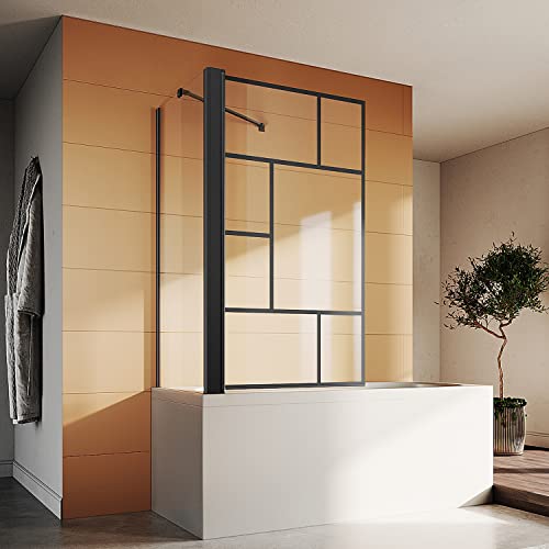 SONNI Duschwand für Badewanne mit Schwarzem Gitterdesign NANO-GLAS Badewannenaufsatz faltbar Duschabtrennung Badewanne 80x140 cm(BxH) von SONNI