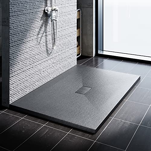 SONNI Duschwanne Schieferoptik und Rutschfeste Struktur 140x100 cm Grau Duschtasse flach (Inklusive Siphon) von SONNI