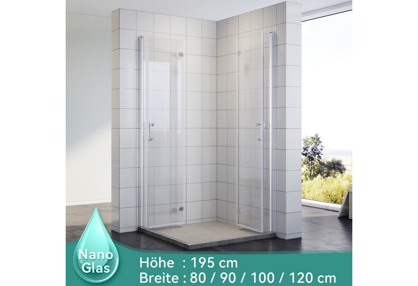 SONNI Eckdusche Duschkabine Eckeinstieg Bad Eckdusche Pendeltür Falttür, BxT: 80x80 cm, Nano Glas Drehfalttür 180º, H:195cm mit Nano Beschichtung von SONNI