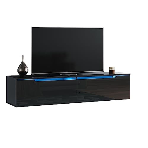 SONNI Fernsehtisch Schwarz, TV-Schrank Hochglanz, mit LED Beleuchtung, Griffloses Design, TV-Regal für Fernseher bis zu 65 ZollZwei Montagemöglichkeiten, Hängend und Stehende. 140 x 35 x 30 cm von SONNI