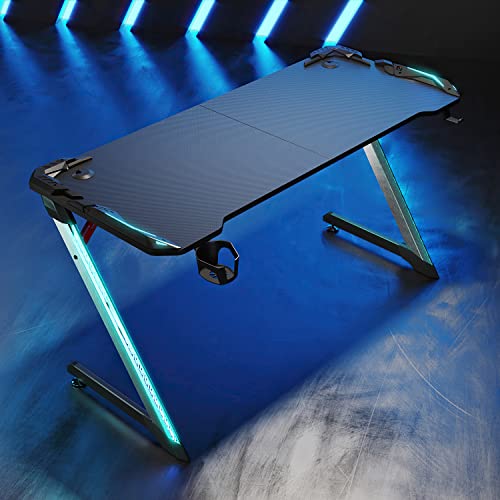 SONNI Gaming Tisch 140cm, Gaming Schreibtisch mit LED, Gaming Desk, Z-förmiger Stabiler Bein, mit Getränkehalter und Kopfhörerhalter, 140x60x75cm Schwarz von SONNI