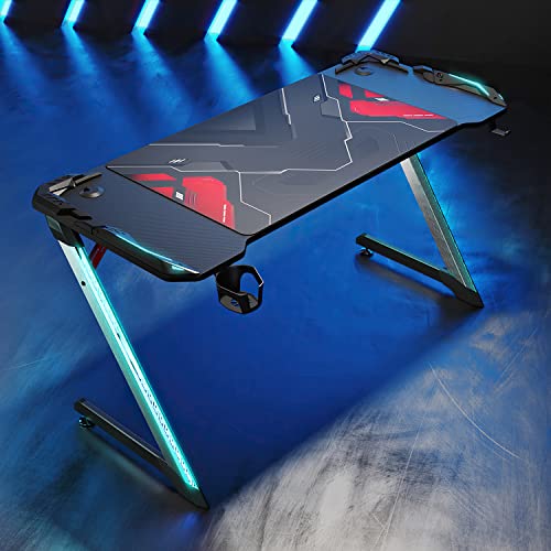 SONNI Gaming Tisch Groß, Gaming Schreibtisch mit LED, Gaming Desk mit Mauspad, Getränkehalter und Kopfhörerhalter, 140x60x75cm Schwarz von SONNI