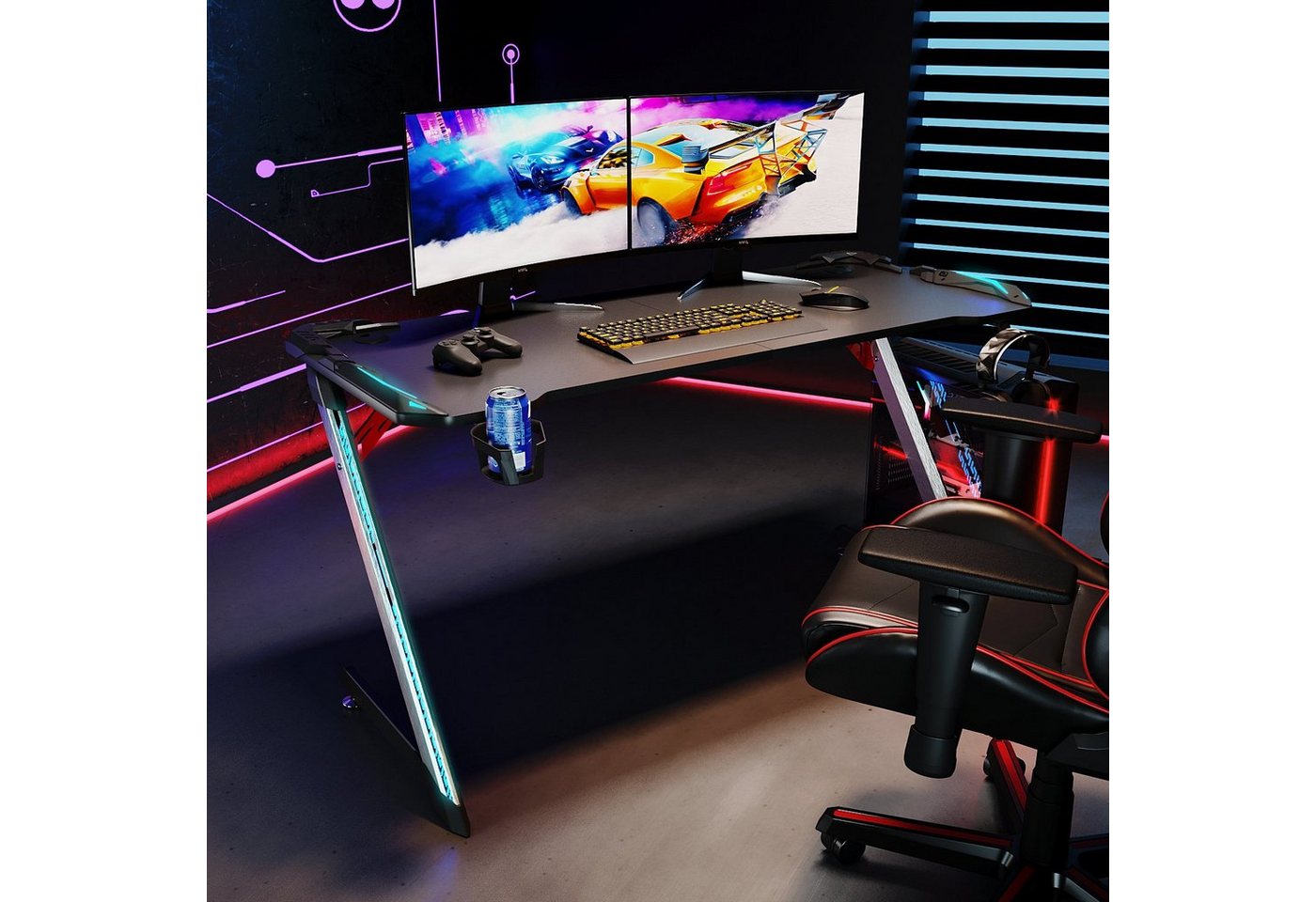 SONNI Gamingtisch Gaming Desk mit LED 140 cm Schreibtisch Computertisch PC ergonomische, mit Getränkehalter und Kopfhörerhaken von SONNI