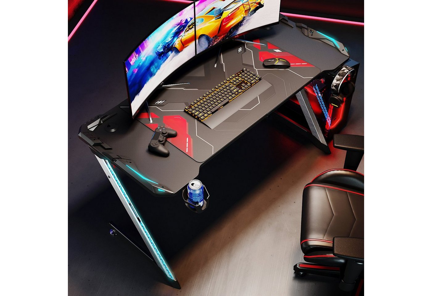 SONNI Gamingtisch mit LED 140cm Schwarz Groß Computertisch Tisch Gaming Desk, mit Mauspad PC von SONNI