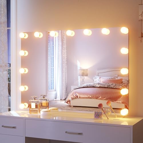 SONNI Hollywood Schminkspiegel 100 x 70 cm, LED Spiegel, 3 Farbtemperaturen + stufenlos dimmbar, Touch-Sensor, Wandmontage & Anti-Kipp-Schutz, Speicherfunktion, Aluminium (Weiß) für Schlafzimmer von SONNI