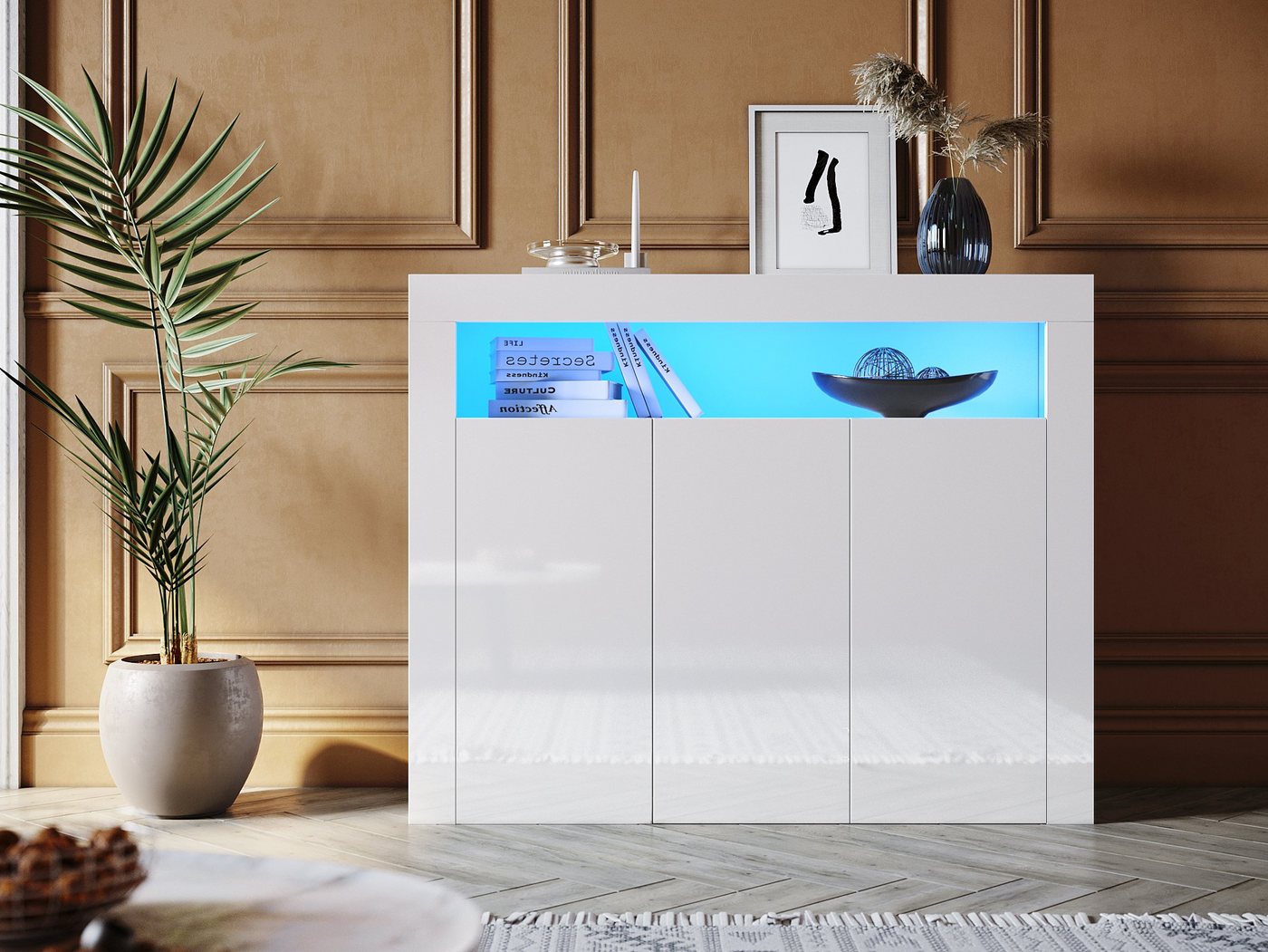 SONNI Kommode Kommode Weiss 116cm x 93cm x 35cm wohnzimmer mit LED, Kommodenschrank, Sideboard für Küche, Hochglanz von SONNI