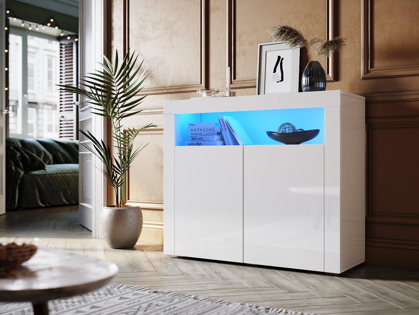 SONNI Kommode Sideboard Weiß Hochglanz mit LED Beleuchtung, Kommodenschrank Sideboard für Küche und Esszimmer, Wohnzimmer von SONNI