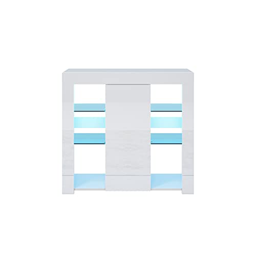 SONNI Kommode Weiß Hochglanz mit LED Beleuchtung Sideboard Weiss mit 1 Schiebetüren 90(B)*35(T)*83(H) cm von SONNI