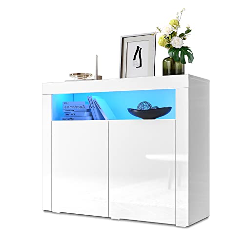 SONNI Kommode Weiß Hochglanz mit LED Beleuchtung Sideboard Weiss mit 2 Schiebetüren 120 cm breit von SONNI