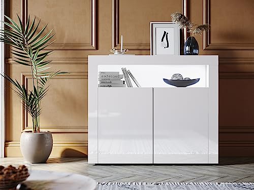 SONNI Kommode Weiß Hochglanz mit LED Beleuchtung Sideboard Weiss mit 2 Schiebetüren 120 cm breit von SONNI