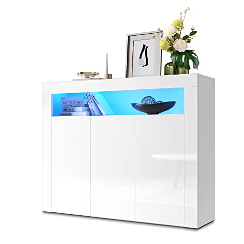 SONNI Kommode Weiß Hochglanz mit LED Beleuchtung Sideboard Weiss mit 3 Türen 120 cm breit von SONNI