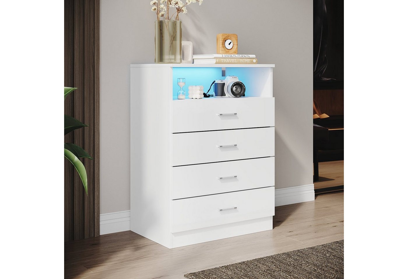 SONNI Kommode kommode Weiß,4 schubladen und offene Fächer, 60x40x83cm, Schlafzimmer Flur, Schrank, Sideboard, Highboard, mit led beleuchtung von SONNI