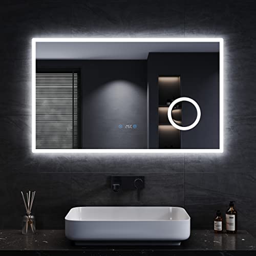 SONNI LED Badspiegel 100x60 cm Badezimmerspiegel mit Beleuchtung 3 einstellbare Lichtfarbe Lichtspiegel Wandspiegel mit Touchschalter, Uhr, Temperatur, 3-Fach Vergrößerung von SONNI