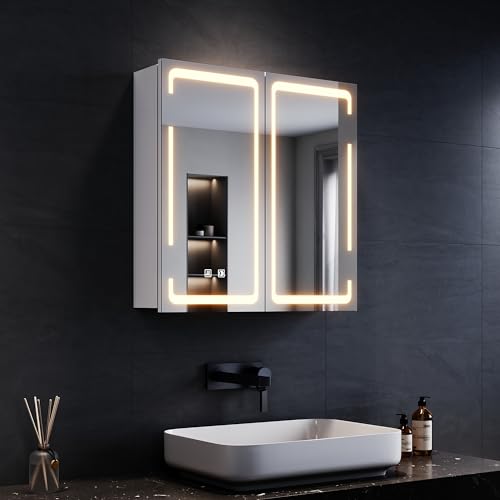 SONNI LED Spiegelschrank 3 Lichtfarbe Einstellbarn, Spiegelschrank Bad mit Beleuchtung und Beschlagfrei LED Badezimmerschrank mit Kabelloses Scharnier Design Medizinschrank 59 x 60 cm von SONNI