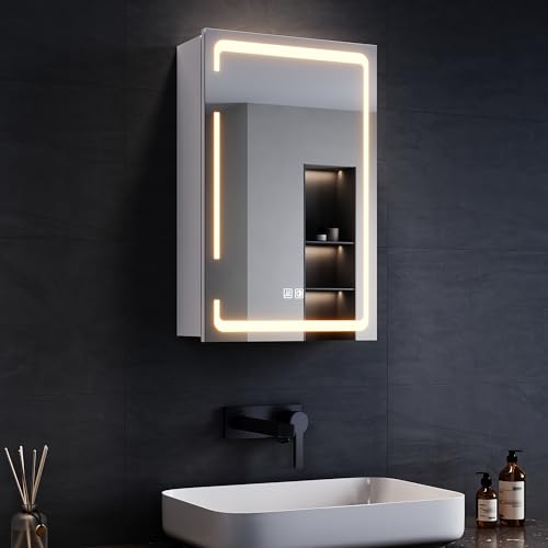SONNI LED Spiegelschrank 3 Lichtfarbe Einstellbarn, Spiegelschrank Bad mit Beleuchtung und Beschlagfrei LED Badezimmerschrank mit Kabelloses Scharnier Design Medizinschrank von SONNI