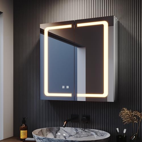 SONNI LED Spiegelschrank 65 × 65cm beschlagfrei Spiegelschrank mit Beleuchtung mit Steckdose Aluminum Badezimmerschrank mit Spiegel mit Touchschalter von SONNI