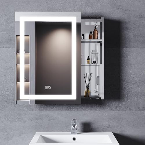 SONNI LED Spiegelschrank Bad 70 x 50cm, 3 Farblicht dimmbar + Steckdose + Defogging, Schiebetür Edelstahl Spiegelschrank mit Touch-Schalter, Badezimmer Medizinschrank mit Memory-Funktion von SONNI