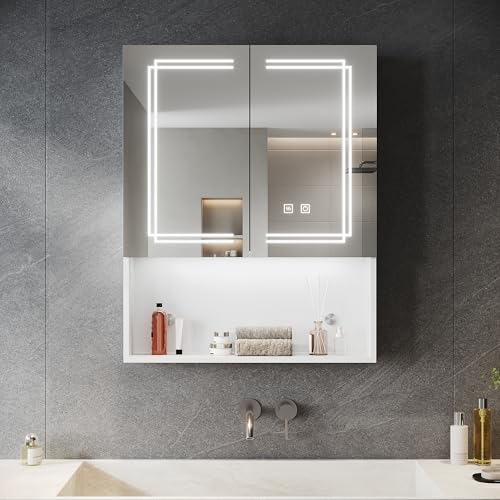 SONNI LED Spiegelschrank Bad und Lagerung 75x60 cm, 3 Lichtfarbe Einstellbarn + Beschlagfrei + 2 Türiger Spiegelschrank mit Steckdose, Metall Badezimmerschrank Weiß von SONNI