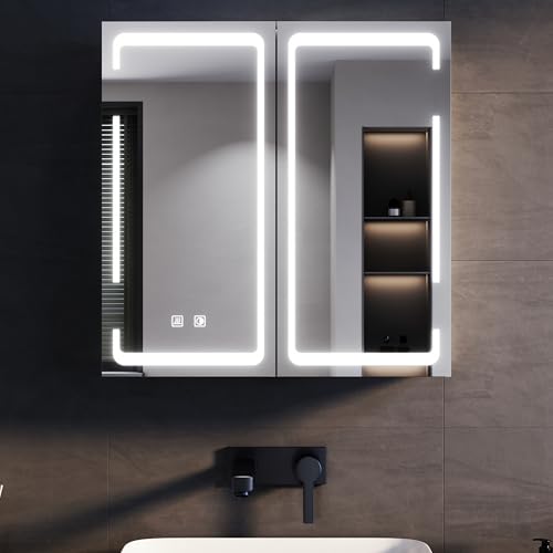 SONNI LED Spiegelschrank Bad und Steckdose 60 x 59 cm, Metall Spiegelschrank mit Touch-Schalter, 3 Lichtfarben + Defogging, Kabelloses Scharnier Design Weiß Badezimmer Medizinschrank von SONNI