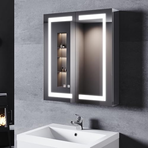 SONNI LED Spiegelschrank Bad und Steckdose 70 x 60cm, 2 Türiger Edelstahl Spiegelschrank mit Touch-Schalter, 3 Einstellbare Lichtfarben + Defogging, Kabelloses Scharnier Design Medizinschrank von SONNI