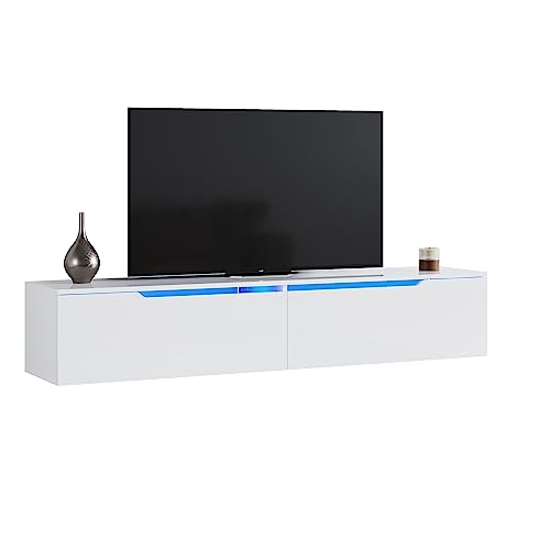 SONNI Lowboard, TV-Schrank Weiss Hochglanz Hängend 160x35x30cm Fernsehtisch mit LED-Beleuchtung(12 Farben können eingestellt Werden), Fernseherschank Griffloses Design. von SONNI