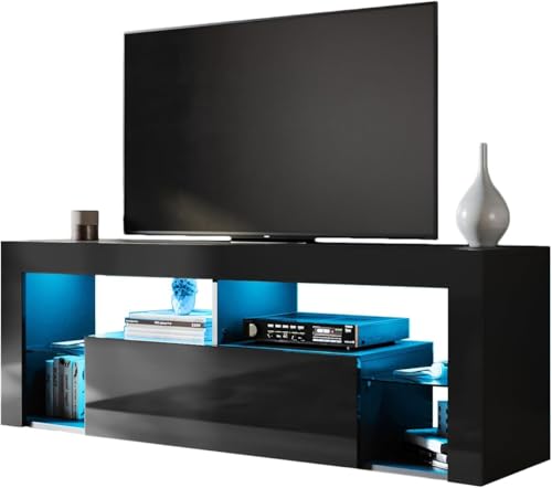 SONNI TV Board Schwarz mit LED Beleuchtung, TV Schrank Hochglanz, mit Glasregal, Klapptür, Griffloses, Sideboard, Lowboard, Fernsehtisch, TV-Regal, 12 Farben können eingestellt, 140 x 35 x 50,5 cm. von SONNI