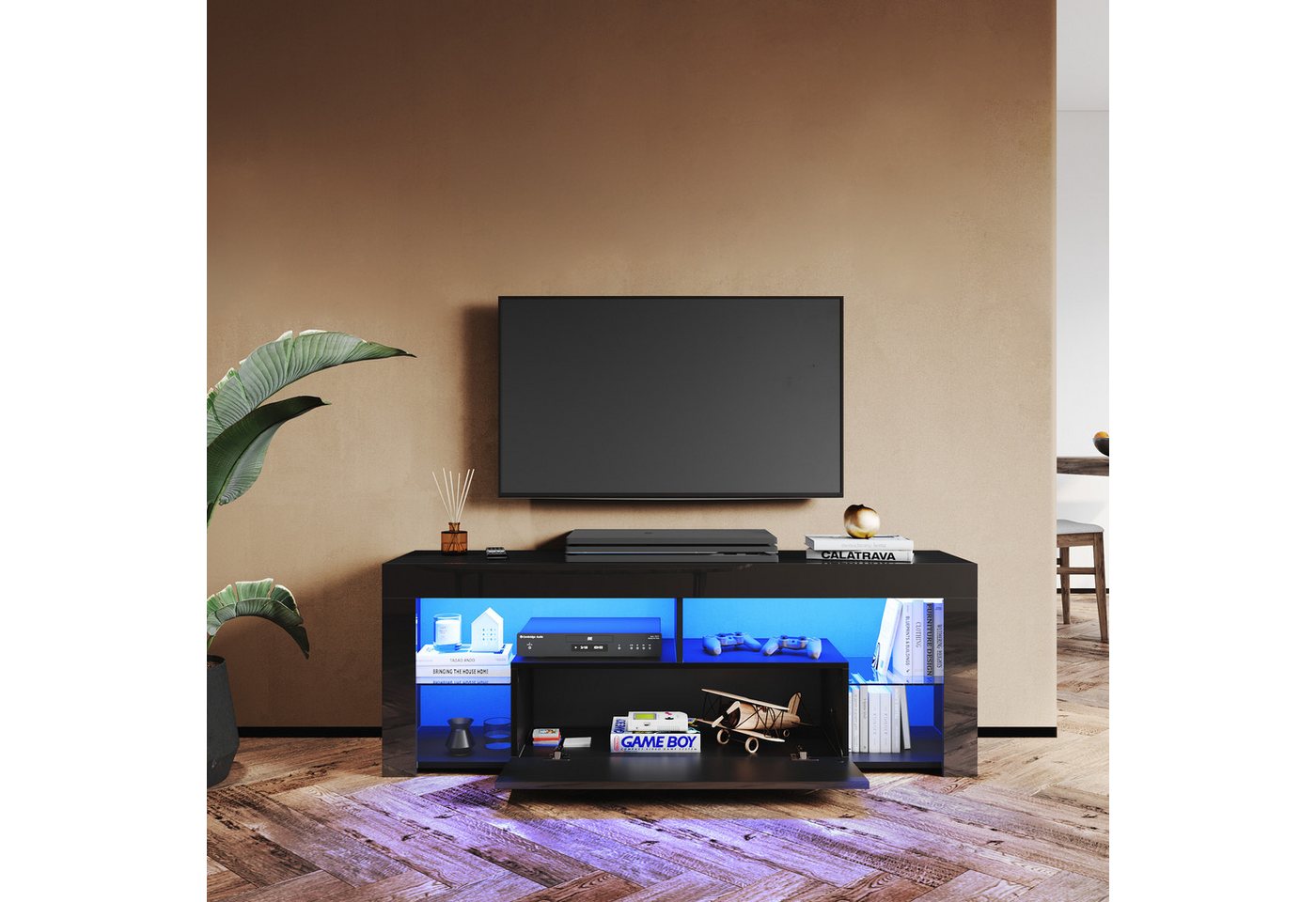 SONNI Lowboard TV Lowboard Schwarz Hochglanz mit LED Beleuchtung Breite 140 cm, tv schrank in wohnzimmer, sideboards von SONNI