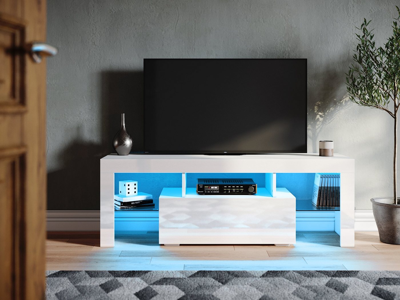SONNI Lowboard TV Lowboard weiß Hochglanz mit LED Beleuchtung Breite 130 cm, tv schrank in wohnzimmer, sideboards von SONNI