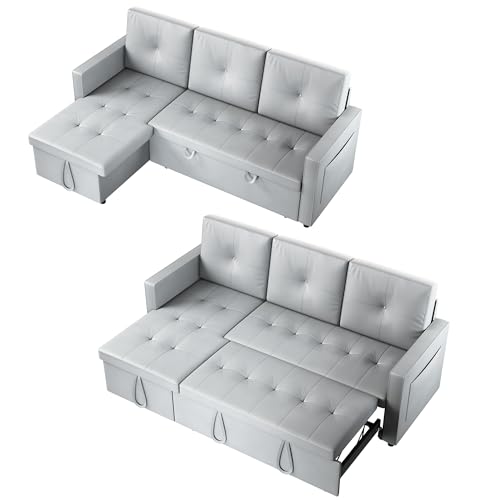 SONNI Sofa, Ecksofa, Schlafsofa mit Schlaffunktion, 203x130x88cm, 3 Sitzer Sofa, Bettcouch, Couch mit Bettkasten, Seitentasche, Katzenpfotenleder, Ideal für Wohnungen Wohnzimmer, Hellgrau von SONNI