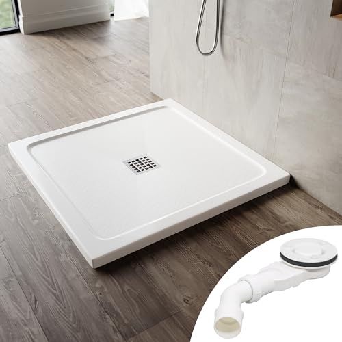 SONNI Quadratische Form Duschtasse 90x90x4 cm - mit flachem Design, Rutschfeste Duschwanne aus, Material SMC, Mittige Entwässerung, inklusive Ablaufgarnitur von SONNI