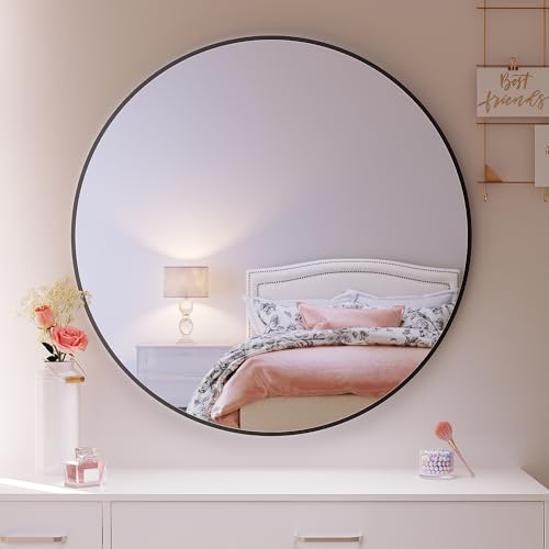 SONNI Rund Dekorativer Wandspiegel 90 cm mit Aluminium Rahmen - Schwarz, HD Spiegelglas, Wandhalterung für Schlafzimmer, Flur, Eingangsbereich SONNI Rund Dekorativer Wandspiegel 90 cm mit Aluminium Rahmen - Schwarz, HD Spiegelglas, Wandhalterung für Schlafzimmer, Flur, Eingangsbereich von SONNI