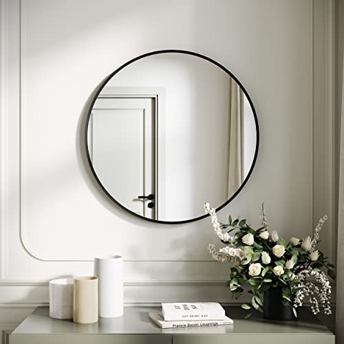 SONNI Rund Wandspiegel 50cm, Schwarz Aluminiumrahmen Wandmontage Schminkspiegel mit HD-Glas Moderner Kreisspiegel für Badezimmer, Wohnzimmer von SONNI