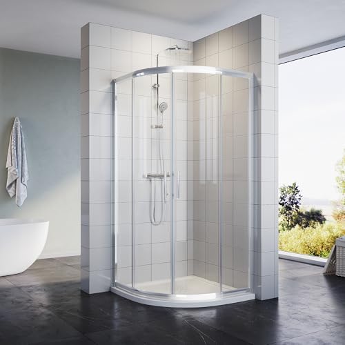 SONNI Runddusche 80x80cm Duschkabine Viertelkreis Duschabtrennung Nano Glas Schiebetür Dusche Duschwand mit Oval Duschtasse 550 mm Radius, Extra Flach, SMC, Inklusive Ablaufgarnitur von SONNI