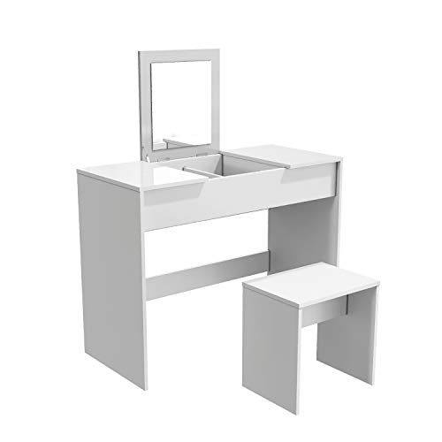 SONNI Schminktisch, Kosmetiktisch mit Hocker und klappbar Spiegel, Frisiertisch, 2 in 1 Frisierkommode, Schreibtisch, Hochglanz Tischplatte, Holz, Schlafzimmer, weiß, 100x45x76cm. von SONNI