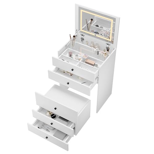 SONNI Schminktisch 3 in 1 mit Klappspiegel, LED-Beleuchtung, sichtbarer Glasplatte, Frisiertisch mit 4 Schubladen, Hocker mit 4 Universalrollen, Kosmetiktisch für Schlafzimmer, Weiß, 60x45x83cm von SONNI