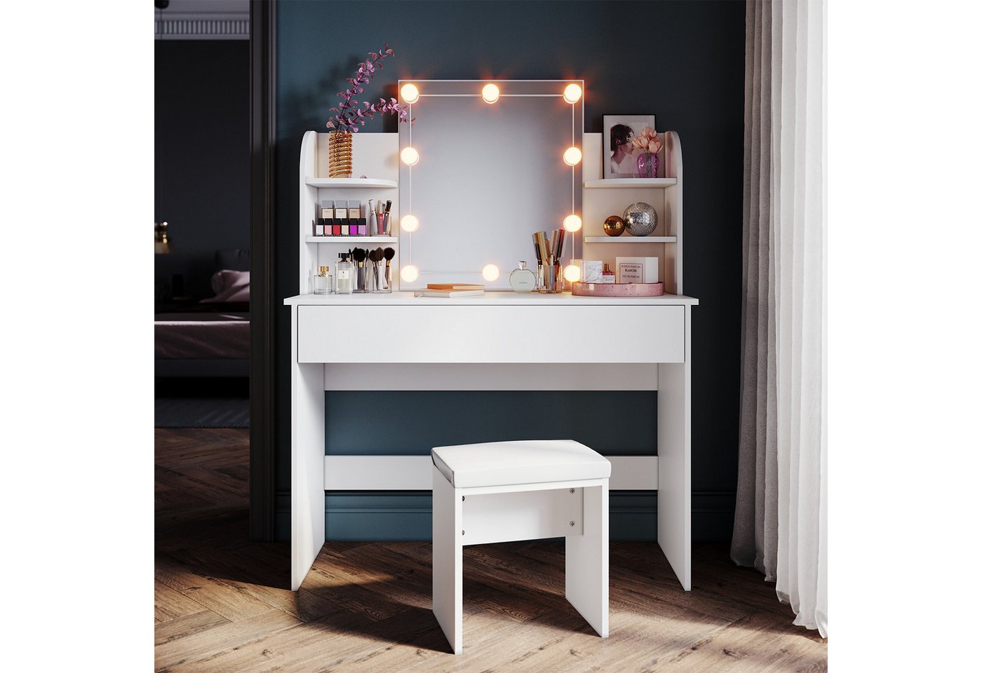 SONNI Schminktisch Frisiertisch Kosmetiktisch mit Hocker und Spiegel, mit Schublade, 1080x400x1400mm, mit/ohne Beleuchtung von SONNI
