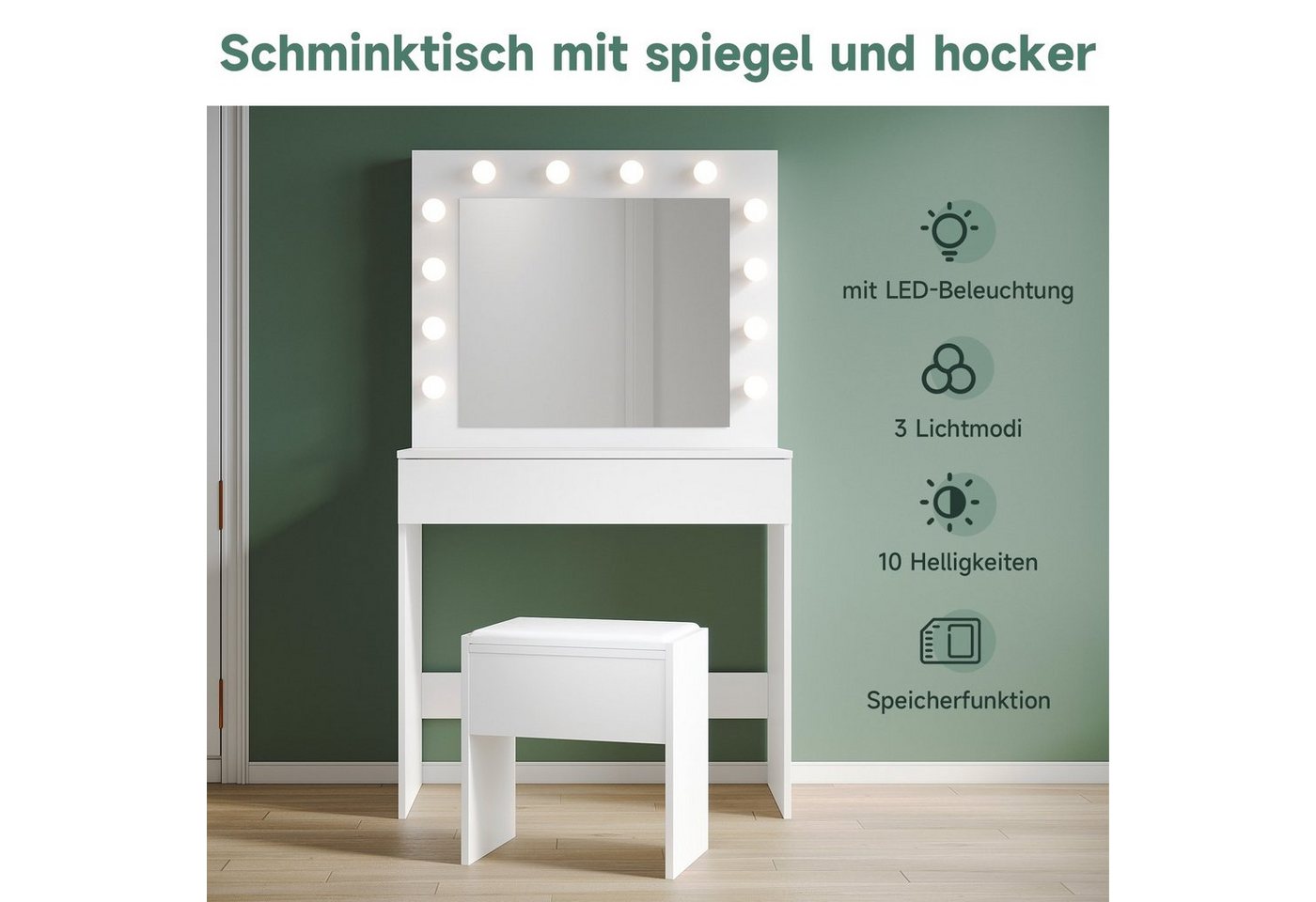 SONNI Schminktisch Schminktisch Weiss/Schwarz mit LED-Beleuchtung, 80x40x140cm, mit Spiegel, Hocker, Schublade,Kosmetiktisch,3 Lichtmodi von SONNI