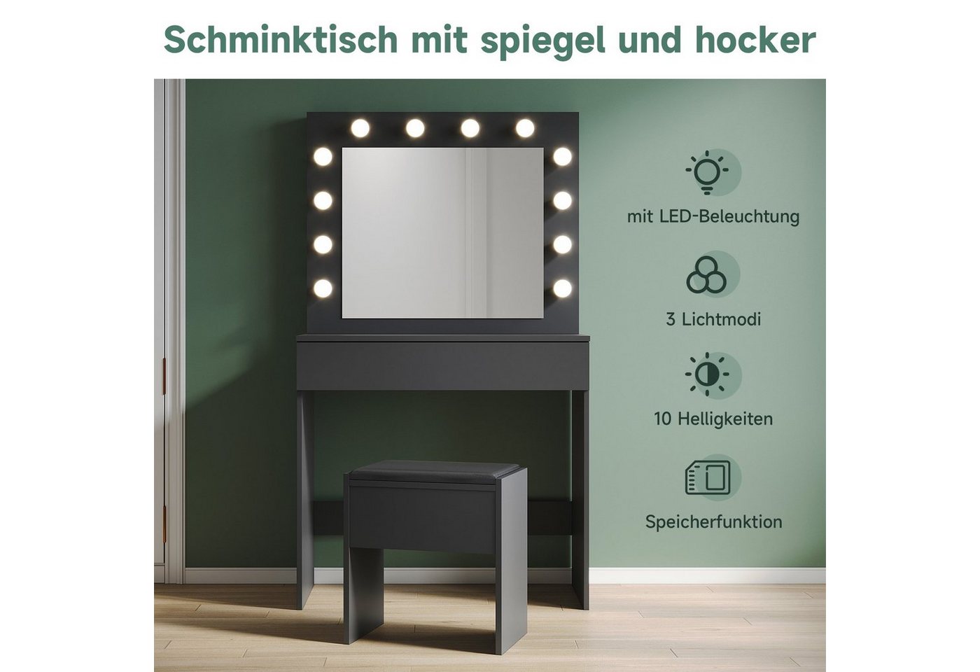 SONNI Schminktisch Schminktisch Weiss/Schwarz mit LED-Beleuchtung, 80x40x140cm, mit Spiegel, Hocker, Schublade,Kosmetiktisch,3 Lichtmodi von SONNI