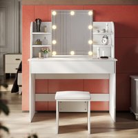 Schminktisch Weiß mit Spiegel und Hocker,mit Led Spiegelleuchte,1080x400x1400mm 3 Beleuchtungsmodi und 10 Helligkeiten, Intelligente Speicherfunktion von SONNI