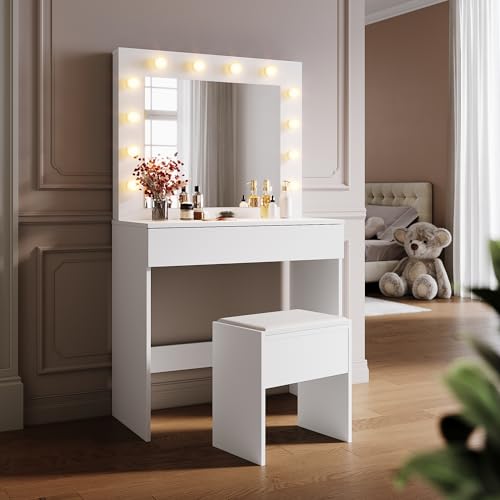 SONNI Schminktisch mit Hocker, Spiegel, Kosmetiktisch, Frisiertisch mit Schubladen, 12 LED-Beleuchtung,10 Einstellbarer Helligkeit, 3 Farben, intelligente Speicherfunktion, Holz, Weiß, 80x40x140cm. von SONNI