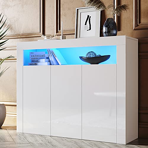SONNI Sideboard, Kommode Weiss Hochglanz, mit LED, 12 Farben können eingestellt Werden, 3 Türen Schrank Komodenschrank Sideboard für Küche, Esszimmer, Wohnzimmer, 116x35x93cm, GK002 von SONNI