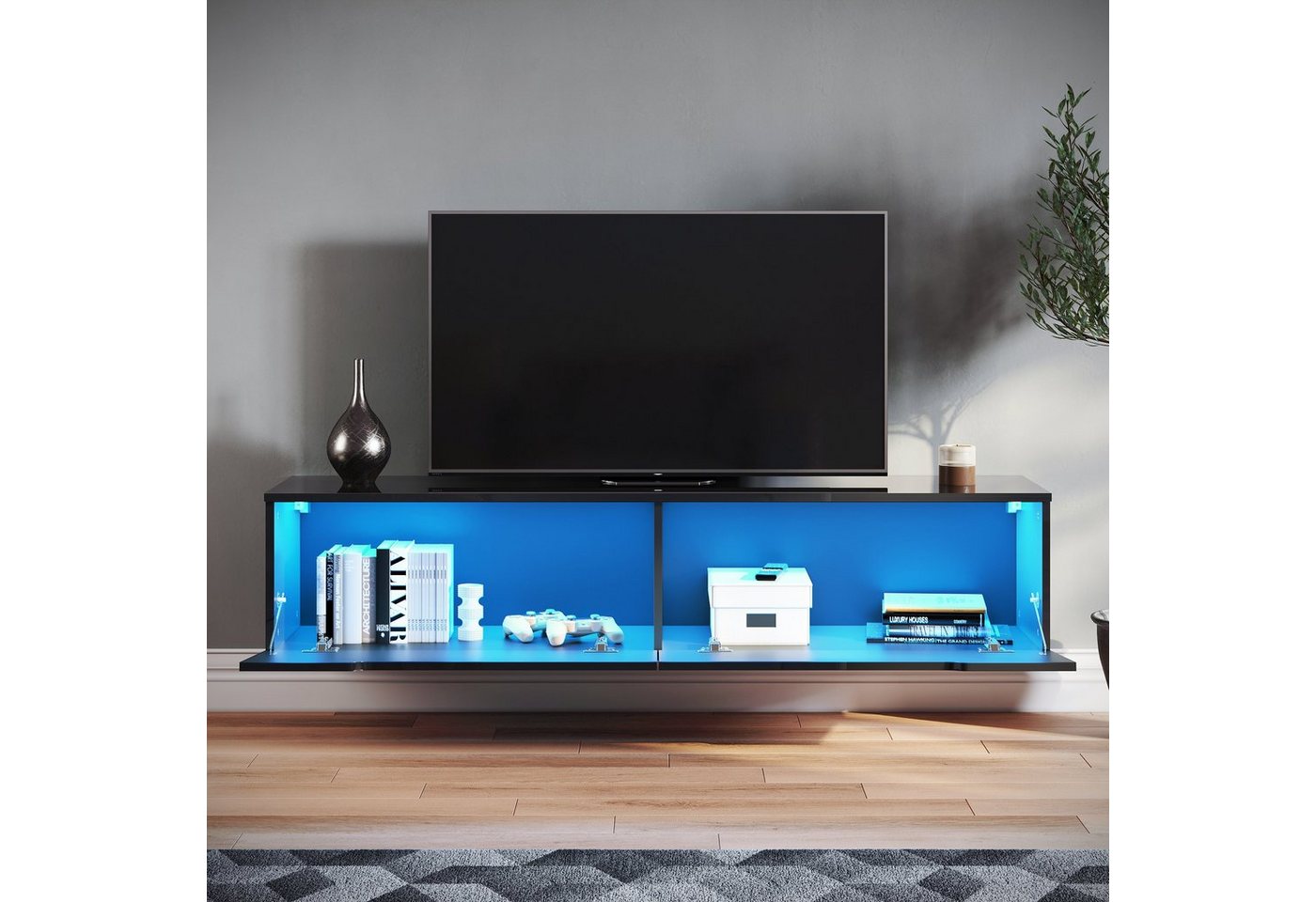 SONNI Sideboard TV Lowboard 140x35x30cm Weiß/Swarz mit LED-Beleuchtung, TV Board, Sideboard, Fernsehtisch, TV Schrank, zwei Montagemöglichkeiten von SONNI