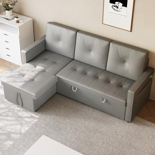 SONNI Sofa, Ecksofa L-Form 203x130x88cm mit Schlaffunktion & Bettkasten, 3-Sitzer in Katzenpfotenleder, Schlafsofa mit Armlehnen & Seitentasche, Grau, Ideal für Wohnzimmer & Homeoffice. von SONNI