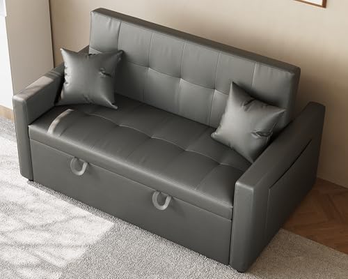 SONNI Sofa, Schlafsofa 3-in-1, Klappbares Sofabett mit 3 Verstellbarer Rückenlehne (100°/135°/180°), 2 Kissen & Seitentasche, Katzenkratzleder, 140x94x78cm, Dunkelgrau für Gäste oder kleine Wohnungen von SONNI