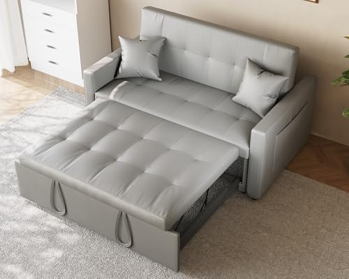 SONNI Sofa, Schlafsofa 3-in-1, Klappbares Sofabett mit 3 Verstellbarer Rückenlehne (100°/135°/180°), 2 Kissen & Seitentasche, Katzenkratzleder, 140x94x78cm, Grau für Modernes Wohnzimmer von SONNI