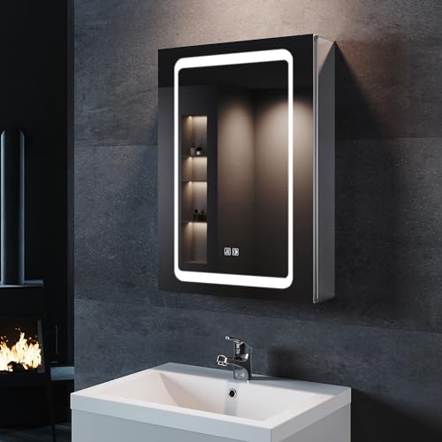 SONNI LED Spiegelschrank mit Beleuchtung 50 × 70cm Aluminium beschlagfrei Kabelloses Scharnier Design, Badezimmerschrank mit Spiegel und Steckdose für Badezimmer IP44 wasserciht von SONNI