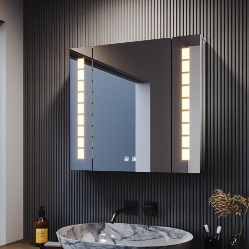 SONNI Spiegelschrank mit Beleuchtung, Aluminium beschlagfrei Spiegelschrank Bad mit Steckdose, Badezimmer-spiegelschrank mit Touch Schalter Kabelloses Scharnier Design 60 × 65cm von SONNI