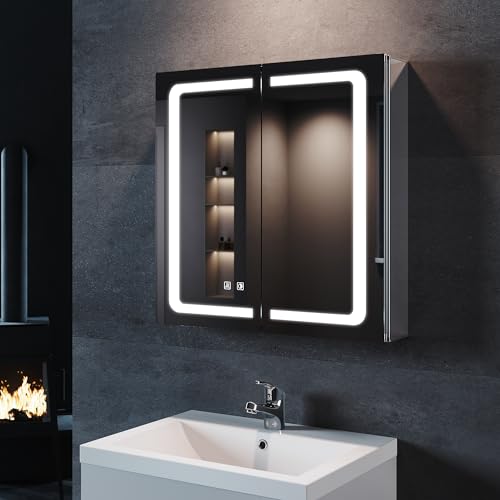 SONNI Spiegelschrank Bad mit Beleuchtung 65 cm breit 3 einstellbare Lichtfarbe, doppeltürig Aluminium beschlagfrei Badezimmer spiegelschrank mit Steckdose, Kabelloses Scharnier von SONNI